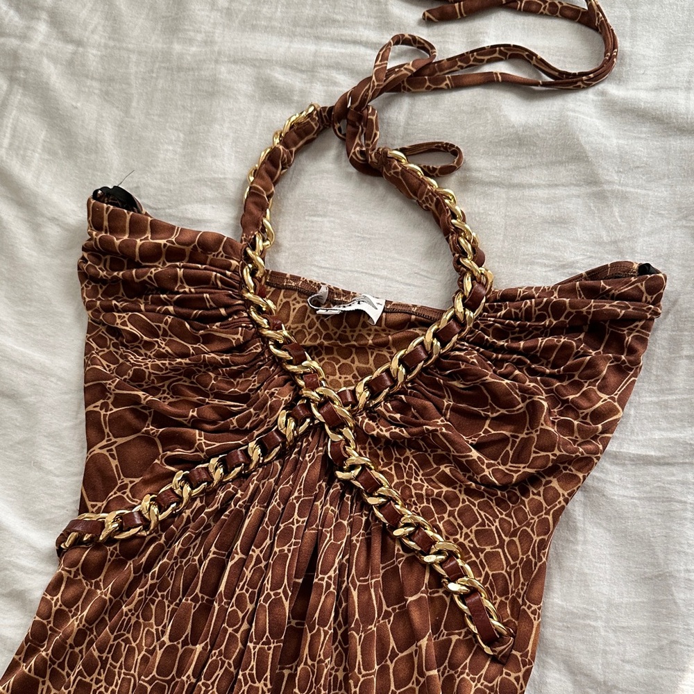 Y2K 100% Silk Brown Animal Print Dress With Braided Halter - Picture 3 of 10